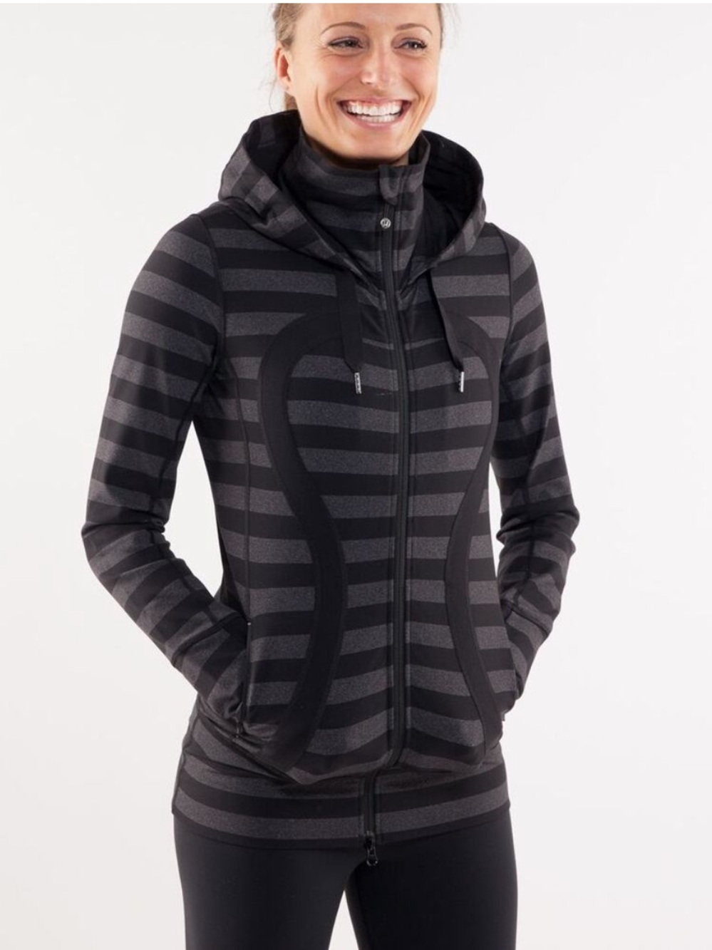 Striped Black & Charcoal Hooded Zip-Up Jacket
